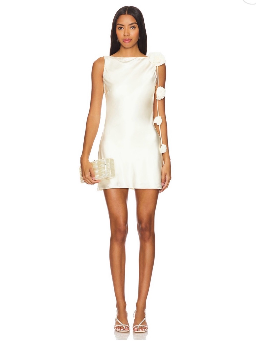 REVOLVE Ivory Satin Mini Dress with Floral Shoulder Accents